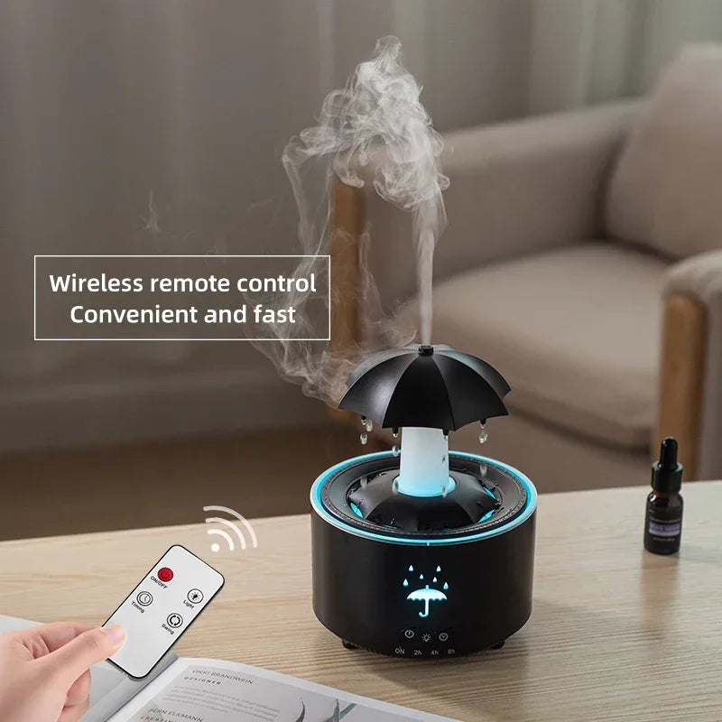 Umidificador Cloud Rain, difusor de aroma de óleo essencial com controle remoto, luz noturna, fonte de mesa, som de gota d'água para casa