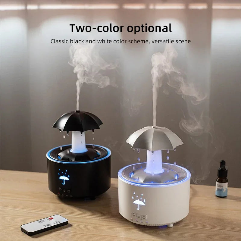 Umidificador Cloud Rain, difusor de aroma de óleo essencial com controle remoto, luz noturna, fonte de mesa, som de gota d'água para casa