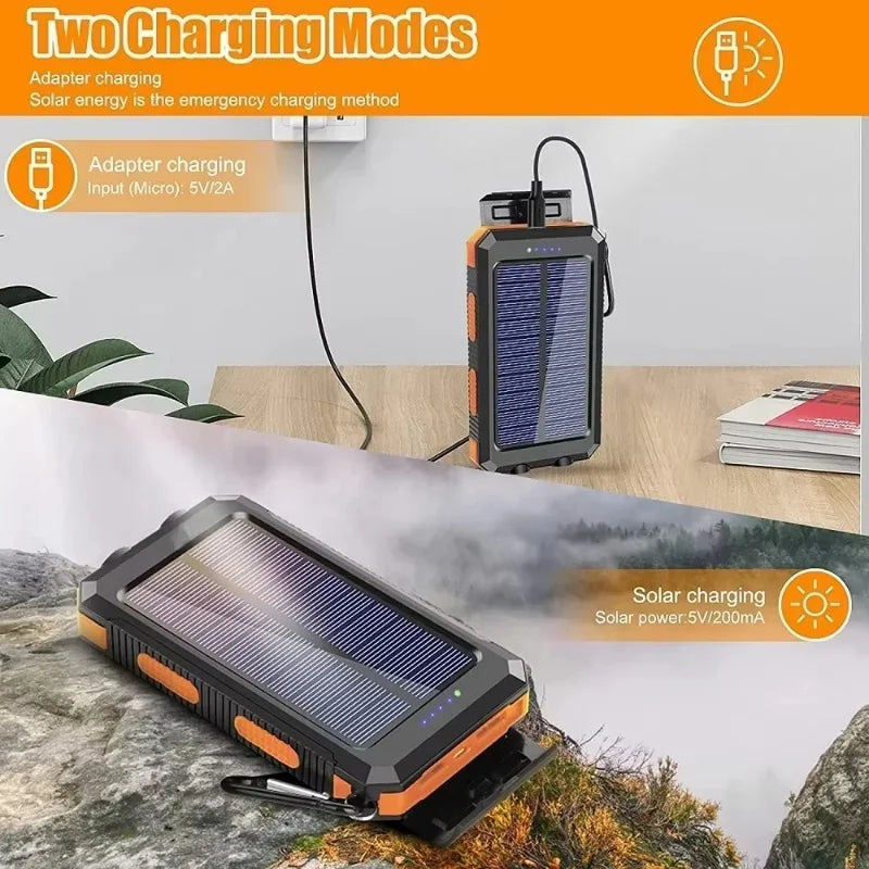 Carregador solar externo à prova d'água de 200.000 mAh com duas portas USB para viagem e uso externo, carregador de celular solar
