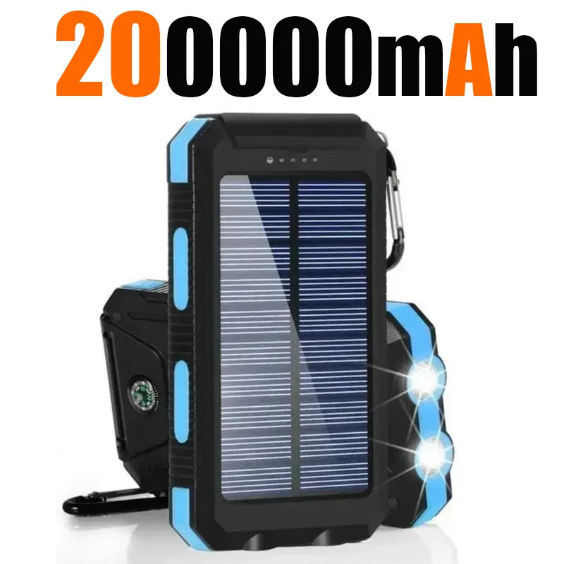 Carregador solar externo à prova d'água de 200.000 mAh com duas portas USB para viagem e uso externo, carregador de celular solar