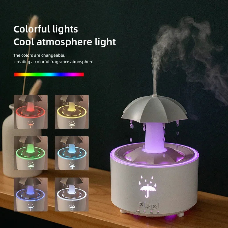Umidificador Cloud Rain, difusor de aroma de óleo essencial com controle remoto, luz noturna, fonte de mesa, som de gota d'água para casa