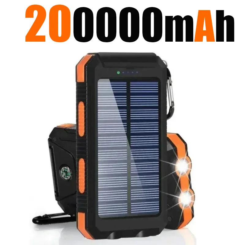 Carregador solar externo à prova d'água de 200.000 mAh com duas portas USB para viagem e uso externo, carregador de celular solar