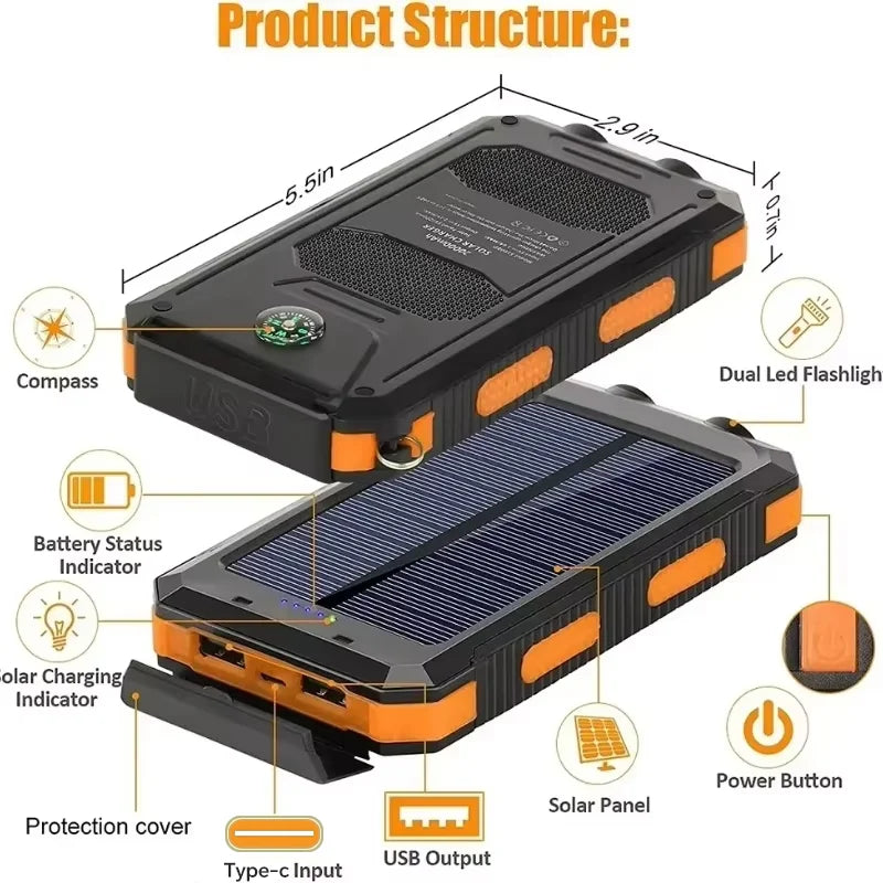 Carregador solar externo à prova d'água de 200.000 mAh com duas portas USB para viagem e uso externo, carregador de celular solar
