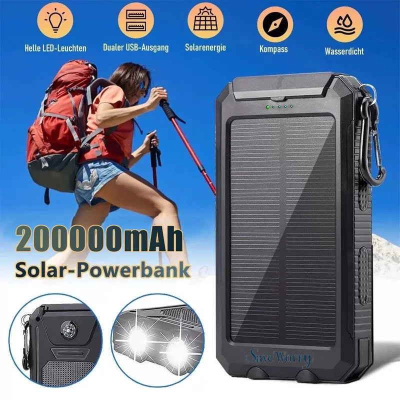 Carregador solar externo à prova d'água de 200.000 mAh com duas portas USB para viagem e uso externo, carregador de celular solar