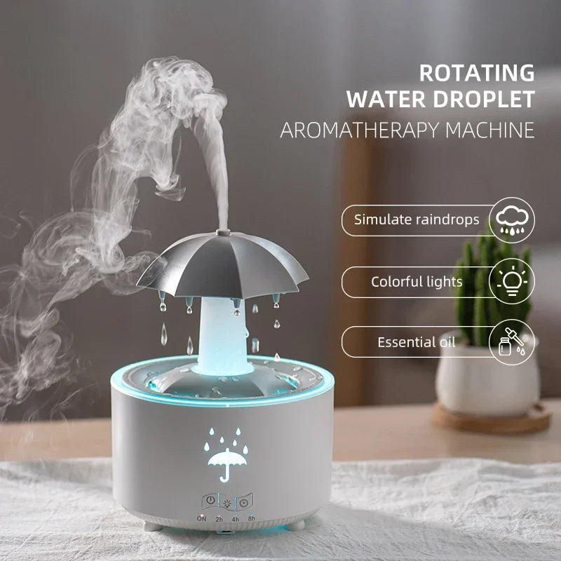 Umidificador Cloud Rain, difusor de aroma de óleo essencial com controle remoto, luz noturna, fonte de mesa, som de gota d'água para casa